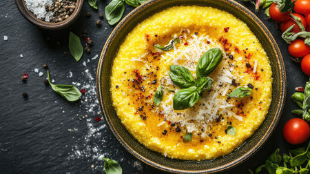 Stunning aerial view of a golden bowl of creamy polenta, garnished with fresh basil and spices, complemented by vibrant tomatoes and herbs. Perfect for food lovers.の素材