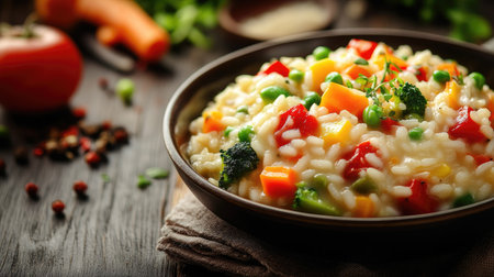 Delight in this creamy risotto featuring vibrant vegetables. Perfectly cooked and presented in a rustic bowl, it's a healthy and appetizing choice for dinner.の素材