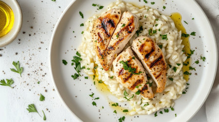 A beautifully arranged plate of creamy risotto topped with grilled chicken, drizzled with olive oil, and garnished with fresh herbs, inviting a delightful culinary experience.の素材