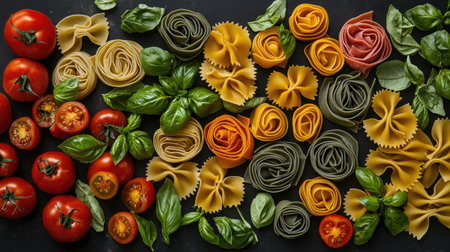A vibrant and colorful arrangement of fresh pasta shapes, paired with ripe tomatoes and fresh basil leaves, creating an appealing culinary display.の素材