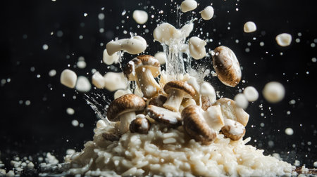 A stunning visual of mushroom risotto splashing as mushrooms cascade through the air, showcasing a dynamic and appetizing culinary moment. Perfect for food enthusiasts and chefs!の素材