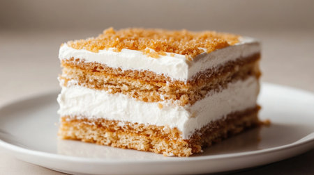 A tempting slice of Russian honey cake displayed on a plate. This dessert features soft layers and rich cream, perfect for any occasion or celebration.の素材