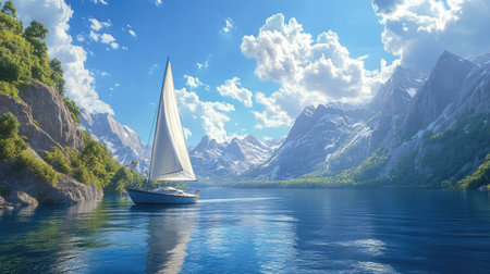 Experience the tranquility of a sailboat gliding gracefully across clear blue waters, surrounded by majestic mountains and a vibrant sky, perfect for relaxation.の素材