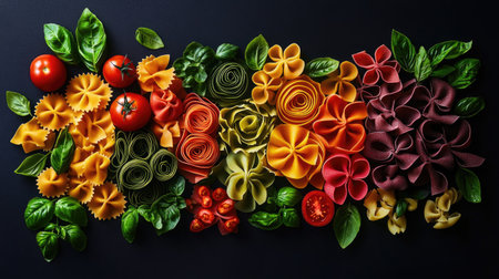 A captivating flat lay of colorful fresh pasta with vibrant tomatoes and basil, showcasing the beauty of culinary ingredients on a dark background.の素材