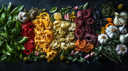 A vibrant flatlay of assorted fresh pasta and vegetables, highlighting the rich colors and textures. Perfect for food photography and culinary inspiration.の素材