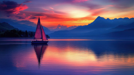 Experience the tranquility of a sunset with a sailboat gliding on calm waters, framed by majestic mountains and painted with stunning colors.の素材