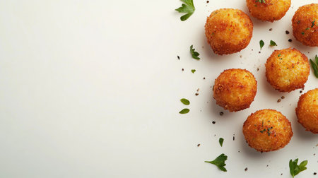 A close-up view of delicious arancini balls beautifully arranged on a light background, showcasing their crispy texture and garnished with fresh herbs. Perfect for food lovers!の素材