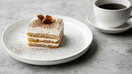 A tempting slice of Tiramisu sits on a white plate, showcasing creamy layers and garnished with coffee beans, alongside a cup of coffee. Perfect for dessert lovers!の素材