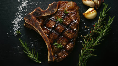 A beautifully grilled bone-in steak with charred onions, garnished with fresh rosemary and sea salt, perfect for a gourmet dining experience.の素材