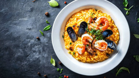 This exquisite dish features saffron-infused risotto topped with succulent seafood and fresh herbs, showcasing vibrant colors and rich flavors. Perfect for gourmet dining.の素材