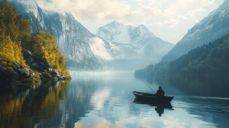 A tranquil scene depicting a fisherman in a boat, enjoying a moment of solitude on a peaceful lake surrounded by majestic mountains and lush nature.の素材