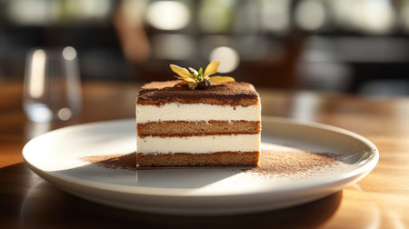 A visually stunning tiramisu cake presented on a white plate. This elegant dessert showcases layers of rich cream and chocolate, perfect for any special occasion.の素材