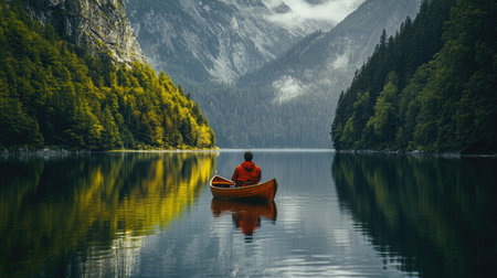 A tranquil scene featuring a fisherman sitting in a small boat on a serene mountain lake, surrounded by majestic trees and reflective water.の素材