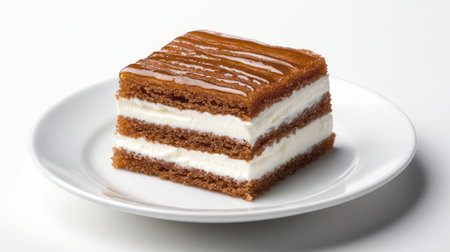 A slice of traditional Medovik honey cake on a white plate, featuring layers of soft sponge and creamy filling, beautifully drizzled with honey.の素材