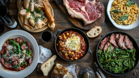 A top view of an array of mouthwatering Italian dishes, featuring pasta, grilled meats, fresh vegetables, and aromatic herbs, perfect for any dining occasion.の素材