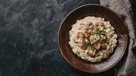 Delicious creamy mushroom risotto served in a rustic bowl, showcasing vibrant flavors and fresh ingredients. Perfect for a warm, comforting meal.の素材