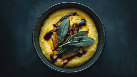 Discover a stunning top view of a creamy polenta bowl, garnished with fresh sage and a flavorful drizzle. Perfect for culinary enthusiasts and food lovers.の素材