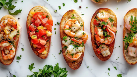 Explore a stunning flat lay of multiple bruschetta variations featuring fresh seafood, tomatoes, and herbs. Perfect for gourmet parties or casual dining.の素材