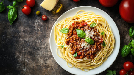 Captivating top view of a traditional spaghetti dish, featuring fresh pasta topped with a rich tomato sauce, basil, and cheese, perfect for Italian cuisine lovers.の素材
