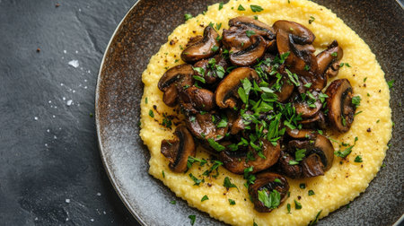 A vibrant plate of creamy golden polenta topped with sautの素材