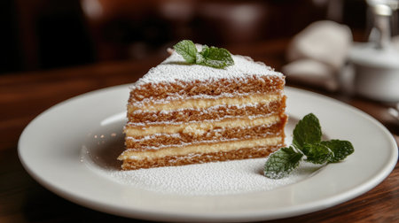 A beautiful slice of traditional Russian honey cake, featuring rich layers of cream and a hint of mint, served elegantly on a plate for dessert.の素材