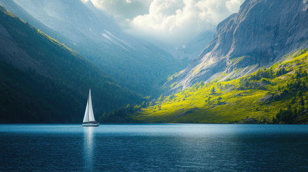 A stunning view of a solitary sailboat gliding across calm blue waters, surrounded by majestic mountains and soft clouds, evoking a sense of peace and tranquility.の素材
