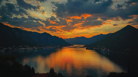 Experience a serene sunset over Kotor's bay, where vibrant colors blend beautifully across the sky and water. A perfect moment of tranquility in nature.の素材