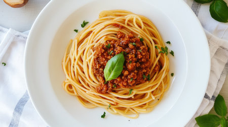 A stunning top view of a traditional spaghetti dish garnished with fresh basil, showcasing its rich sauce and perfect texture for food enthusiasts.の素材