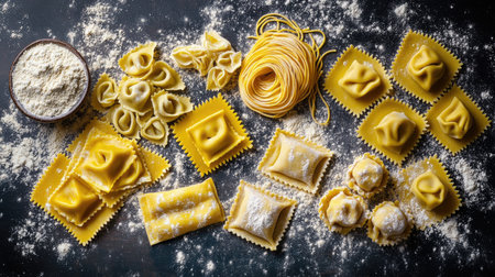 A visually appealing flat lay of fresh pasta varieties arranged artfully on a dark surface, showcasing different shapes and textures, perfect for culinary inspiration.の素材