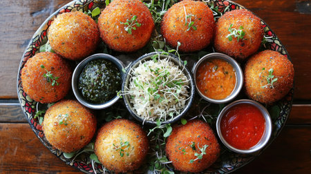 This overhead view features beautifully arranged arancini, surrounded by fresh herbs and accompanied by a variety of vibrant sauces. Perfect for any culinary occasion!の素材