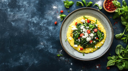 A vibrant polenta dish topped with fresh sautの素材