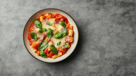 A delightful overhead shot of a scrumptious pasta dish, featuring vibrant tomatoes, melted cheese, and fresh basil, perfect for any meal or occasion.の素材