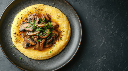 A plate of smooth golden polenta topped with sautの素材