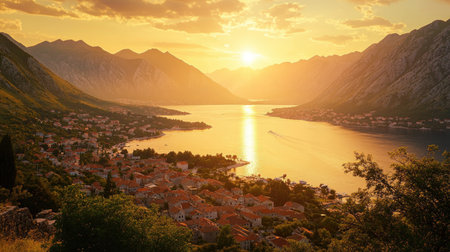 Experience a breathtaking sunset over Kotor's bay in Montenegro, showcasing vibrant colors and serene landscapes surrounded by majestic mountains and charming villages.の素材