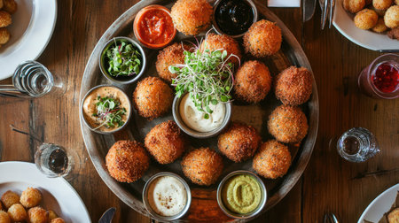 A stunning overhead view showcases arancini arranged beautifully on a wooden platter, accompanied by a selection of flavorful sauces, perfect for sharing.の素材