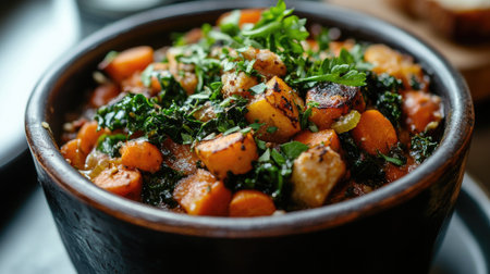 This tantalizing close-up showcases a bowl of ribollita, a hearty Italian soup packed with colorful vegetables and fresh herbs, perfect for warming meals.の素材
