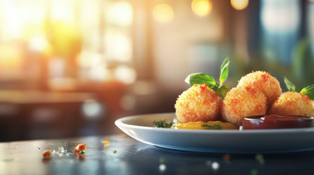 Indulge in these delightful arancini bites, perfectly crisp and golden, served with vibrant dips. A true treat for food lovers and culinary enthusiasts.の素材