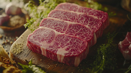 This stunning close-up showcases marbled Wagyu beef cuts on a wooden board, highlighting their rich texture and vibrant color, perfect for culinary presentations.の素材