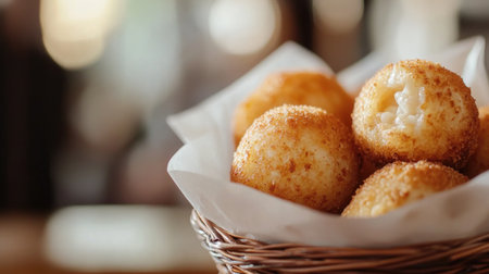 Enjoy a stunning presentation of golden arancini served in a basket, perfect as an appetizer or snack for any occasion. Crispy and delicious!の素材