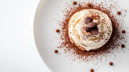 This stunning overhead view showcases a Tiramisu dessert elegantly plated with cream and chocolate, highlighting its delicious layers and textures. Perfect for food lovers.の素材