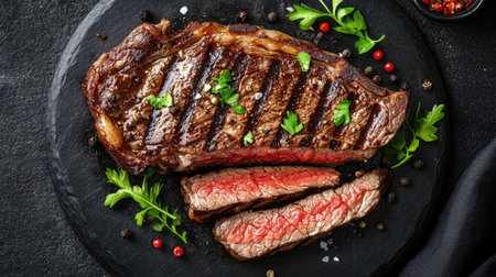 A beautifully arranged sliced bone steak displayed on a black plate, showcasing juicy red meat and vibrant garnishes. Perfect for culinary presentations.の素材