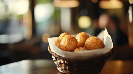 Experience the delightful presentation of golden arancini served in a basket, perfect for gatherings or intimate dinners, showcasing delicious Italian cuisine.の素材