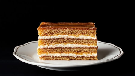 A mouthwatering slice of honey cake showcasing creamy layers and a golden exterior. Perfect for dessert lovers and any special occasion.の素材
