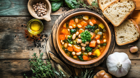 Discover a vibrant bowl of ribollita soup, beautifully presented atop a rustic wooden table. This dish features fresh vegetables, beans, and aromatic herbs, inviting a healthy and comforting meal experience.の素材