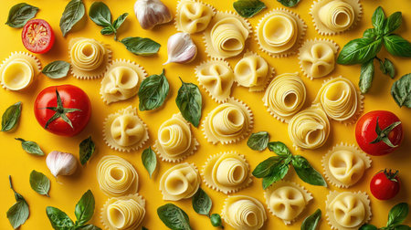 A vibrant flat lay featuring an array of fresh pasta shapes, tomatoes, garlic, and basil set against a cheerful yellow background, perfect for culinary inspiration.の素材