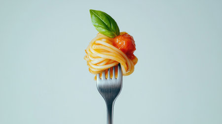Captivating overhead view of a silver fork holding spaghetti topped with basil and sauce, showcasing a vibrant and appetizing food presentation perfect for culinary delights.の素材