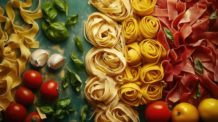 An artistic top-down view of various vibrant pasta types arranged with fresh basil and tomatoes, showcasing the beauty of Italian culinary preparation.の素材