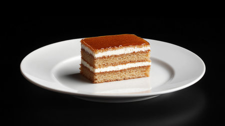 A beautiful slice of Medovik cake showcasing layers of honey and cream on a simple white plate, perfect for any dessert lover.の素材