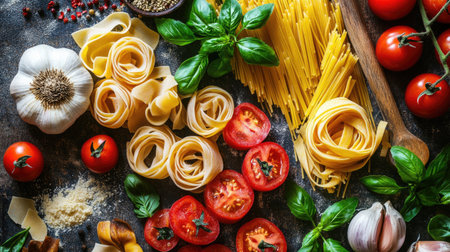 Capture the essence of fresh pasta ingredients from a top view. This colorful arrangement features tomatoes, garlic, and herbs, ideal for culinary creations.の素材