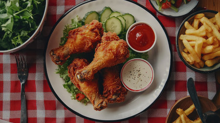 This image features crispy deep fried chicken drumsticks served on a plate with fresh vegetables and dipping sauces. A delightful meal for any occasion!の素材
